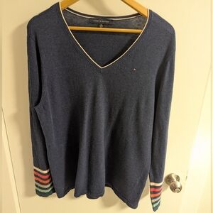 Tommy Hilfiger Blue V-Neck Sweater with Striped Cuffs